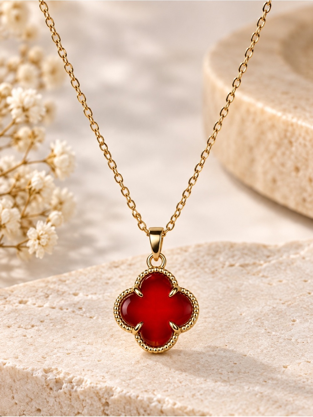 Red Clover Pendant Necklace Gold Stainless Steel Boho Designer Inspired